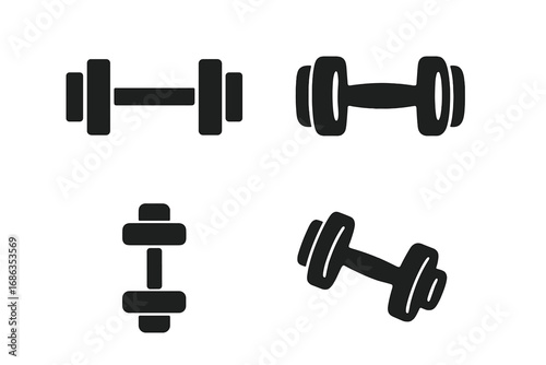 Dumbbell icon set for fitness and workout motivation. Minimalist black glyph symbols for gym, bodybuilding, and strength training. Simple vector graphic element collection.