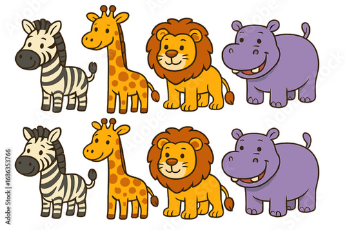 Cute cartoon safari animal set. Funny lion, giraffe, zebra, hippo character collection. Kawaii Africa wildlife for baby shower, kids print, nursery decor. Vector illustration.