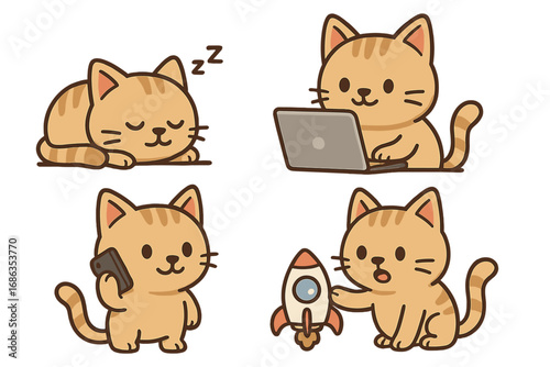 Set of cute cartoon cat characters in various activities. Funny tabby kitten sleeping, working on a laptop, talking on a phone, and playing with a toy space rocket.