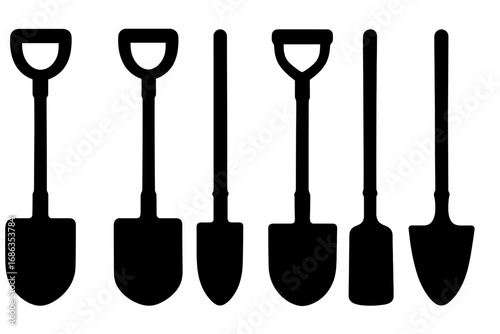 Shovel and spade icon set. Minimalist silhouette vector collection for gardening, construction and farm work. Various digging equipment tools symbols for graphic design elements.