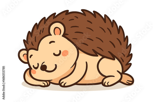 Cute cartoon hedgehog sleeping peacefully. Adorable kawaii animal character resting. Simple vector illustration for kids. Isolated wildlife mascot icon on white background.