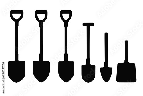 Shovel and spade icon set for gardening and construction. Vector silhouette collection of various digging tools. Minimalist farm and building equipment symbols isolated.