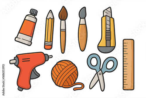 Art and craft supplies set. Creative hobby tools collection for DIY projects. Vector icons of scissors, brush, pencil, glue gun, yarn, paint tube, cutter and ruler.