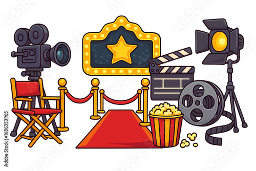 Film production elements collection. Movie premiere and cinema concept with red carpet, camera, clapperboard, and popcorn. Hollywood award show or festival vector cartoon set.