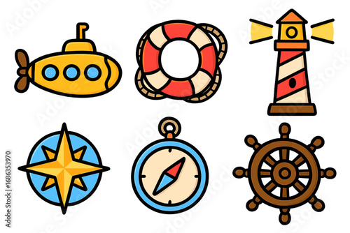 Nautical icon set. Marine and navigation symbols. Cartoon vector illustration. Submarine, lighthouse, compass, lifebuoy, ship wheel. Sea and ocean adventure collection.
