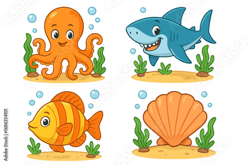 Cute sea animals vector set. Cartoon marine life collection. Underwater characters illustration. Funny octopus, shark, tropical fish and seashell for kids design element.