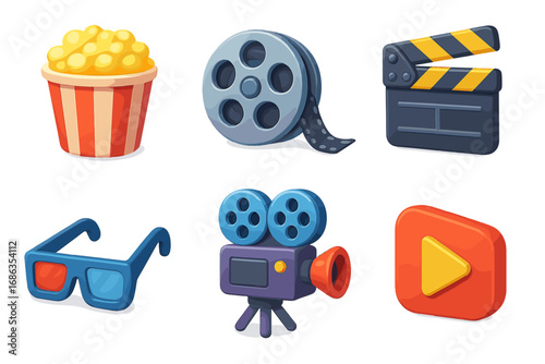 3D cinema icons set for media design. Movie elements for film production concept. Vector illustration. Popcorn, film reel, clapperboard, 3d glasses, camera, play button symbols.