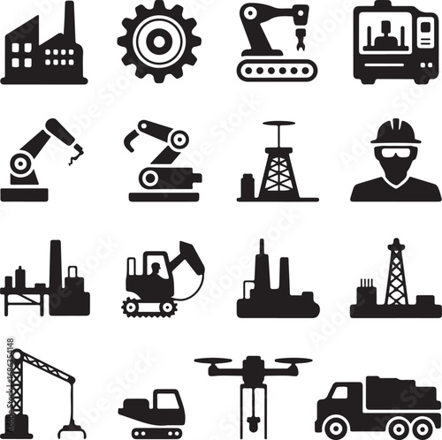 Industrial and Manufacturing Icons with Factories and Machinery industry factory