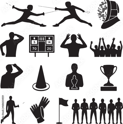 Fencing and Sports Competition Icons with Athletes and Equipment fencer