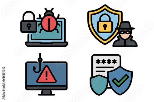 Cybersecurity icons set. Digital security, online threats, data protection. Hacker, phishing, virus, malware concepts. Password safety, secure connection, antivirus shield.