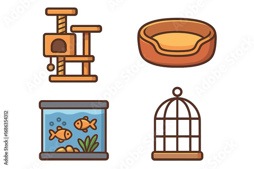 Pet furniture icon set. Vector cartoon illustration of a cat tree, dog bed, fish tank, and bird cage. Domestic animal supplies collection. Pet shop accessories concept.