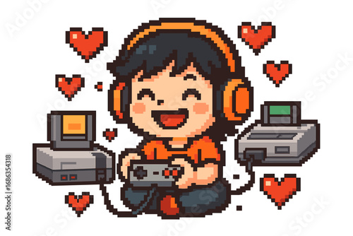 Cute pixel art character playing video games. Happy gamer with headphones and controller on retro console. 8 bit geek mascot for streaming. Love gaming concept with hearts.