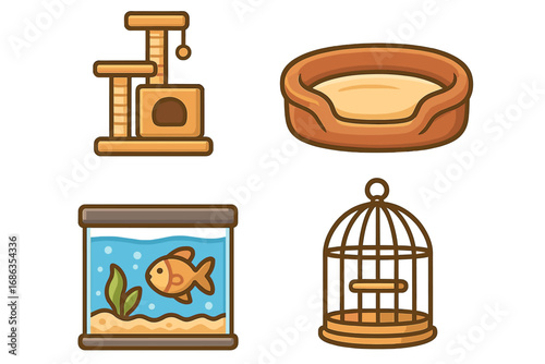 Vector pet furniture icons set. Cat tree, dog bed, fish tank, bird cage. Cartoon illustration of pet supplies, animal accessories, domestic pet equipment for home comfort. Isolated.