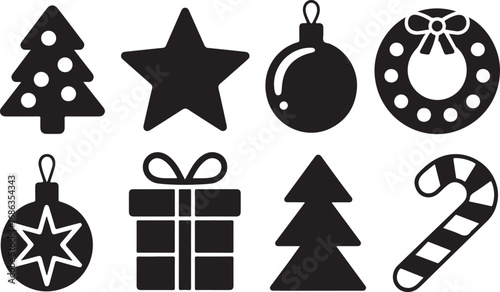 Christmas Ornaments Icons Set Tree Star Bauble Wreath Gift Candy Cane Decoration Holiday