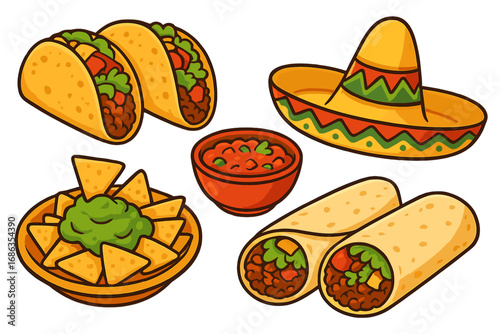 Set of Mexican food cartoon icons. Tacos, burritos, nachos with guacamole, and salsa. Cinco de Mayo party elements with sombrero hat. Vector clip art illustration isolated.