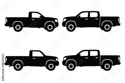 Set of pickup truck silhouettes. Vector car icons. Side view of different automobile models. Single and double cab transport vehicle graphic collection. Isolated clipart.
