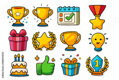 Vector cartoon achievement icon set for game rewards and success milestones. Colorful illustration collection of trophy, medal, prize, star, gift, and winner celebration symbols.