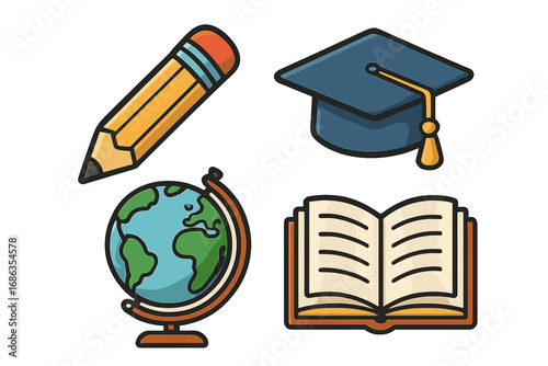 Education icon set with pencil, graduation cap, globe, and book. School and university symbols. Learning, knowledge, study concepts. Back to school vector illustration.