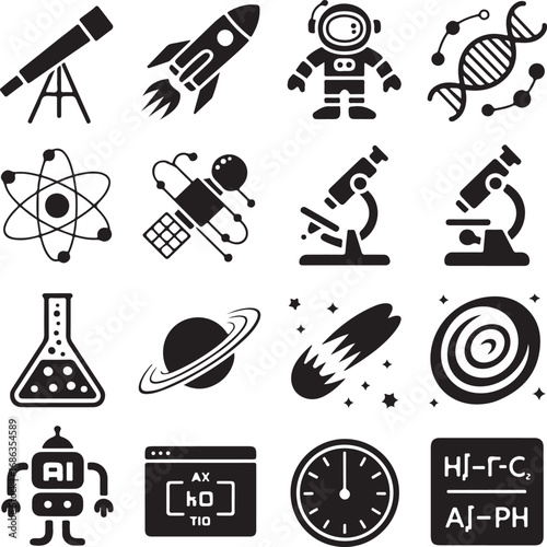 Space Exploration and Scientific Discovery Icons telescope rocket