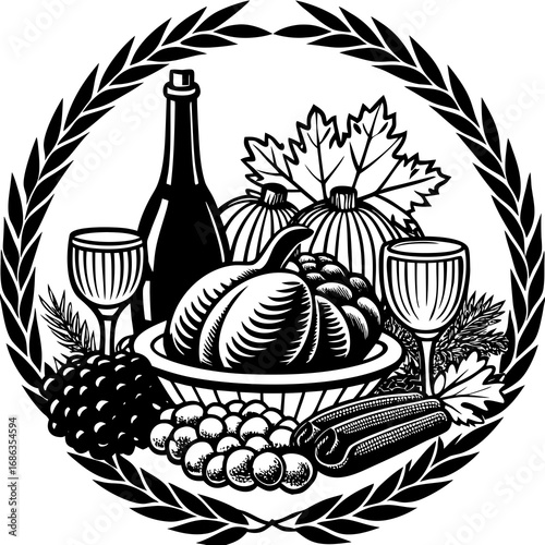 Monochrome harvest arrangement featuring pumpkins, grapes, wine, and wheat, embodying the essence of autumns bounty and celebration