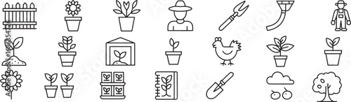 Gardening Icons – Black and White Line Art Set of 30 Symbols Including Plants, Tools, Greenhouse, Gardener, Watering Can, Seeds, and Fenc