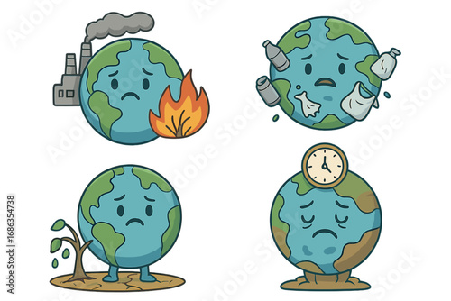 Environmental challenges concept with sad cartoon Earth characters. Vector set showing climate change, air pollution, plastic garbage, deforestation, drought and global warming crisis.