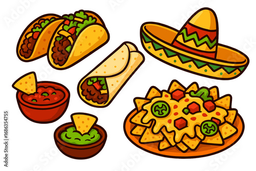 Mexican food set. Tacos, burrito, nachos, salsa, guacamole, sombrero. Concept traditional cuisine. Vector cartoon illustration. Icon for restaurant menu, cinco de mayo, fiesta.