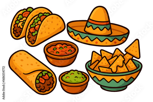 Mexican food set with taco, burrito, nachos with cheese, guacamole, salsa, and sombrero. Vector cartoon illustration for Cinco de Mayo festival, menu design or Latin cuisine concept.