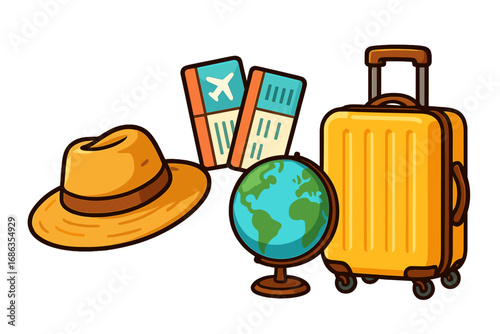 Travel essentials vector set for a world adventure. Cartoon illustration with suitcase, flight tickets, hat, and globe. Vacation journey and tourism concept for holiday planning.