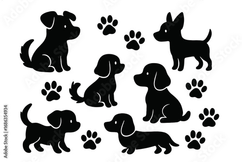Set of cute dog and puppy silhouettes with paw prints. Vector illustration collection of various breeds like dachshund and chihuahua for pet care, veterinary, or animal lovers design.