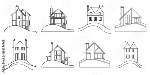 Abstract House on The Hill in Line Art drawing. Isolated Residential Building on White Background, Real Estate Black Linear Design. Editable stroke. Vector modern illustration.