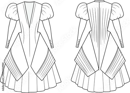 Flat vector fashion illustration of dramatic puff sleeve dress with pleated panels, deep V-neck, structured silhouette, and flared hem detail
