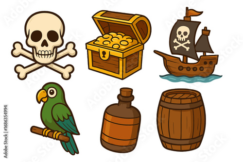 Pirate icons collection. Vector cartoon set with skull and crossbones, treasure chest, ship, parrot, rum barrel. Jolly Roger, gold coins, buccaneer adventure design elements.