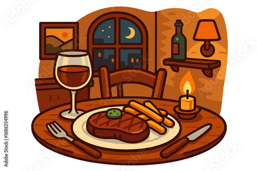 Cozy restaurant dinner with steak frites and red wine by candlelight. Romantic evening meal illustration. Gourmet food, fine dining, date night, beef steak concept. Vector.