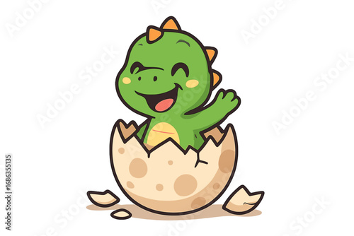 Cute baby dinosaur hatching from an egg. Vector cartoon character illustration. Adorable prehistoric animal reptile born. Happy dino concept for kids. Isolated mascot design.