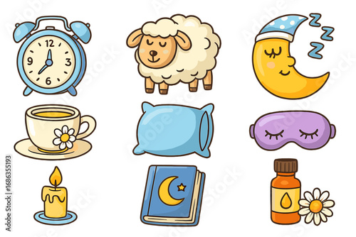 Cute sleep icons collection for a good night and sweet dreams. Vector cartoon set with sheep, moon, clock, pillow, tea. Bedtime routine and insomnia concept illustration.