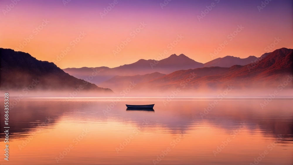 Fototapeta premium Sunrise kayaking in alps lake boat calm water mist mountain reflection serene pastel sky tranquility adventure