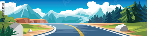 Curvy asphalt road on the meadow with forest. Asphalt road leading to the destination ahead. Green fields surrounded by Ice Valley. Vector or Illustration transport and nature background for banner.