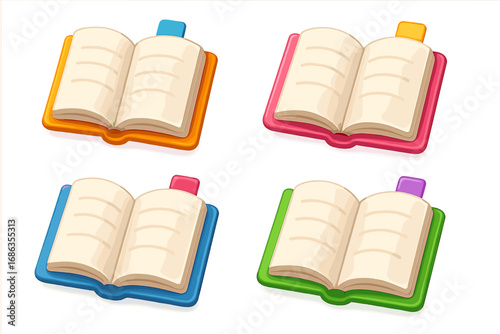 Set of colorful 3d open book icons with bookmarks. Vector cartoon notebook or diary symbol for education, reading apps, or websites. Glossy illustrated literature concept.