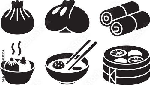 Delicious Asian Cuisine Icons Set Dumplings Noodles Soup Dim Sum Rolls Vector Graphic