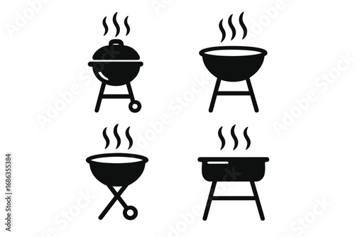 Barbecue grill vector icon set. Simple black silhouette of BBQ, brazier, charcoal grills with steam. Flat graphic for outdoor cooking, picnic, summer party food concept.