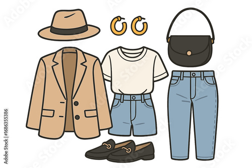 Women's casual fashion outfit set. Vector cartoon flat lay of blazer, jeans, shorts, hat, bag, and shoes. Trendy clothing collection for style inspiration. Lookbook concept.
