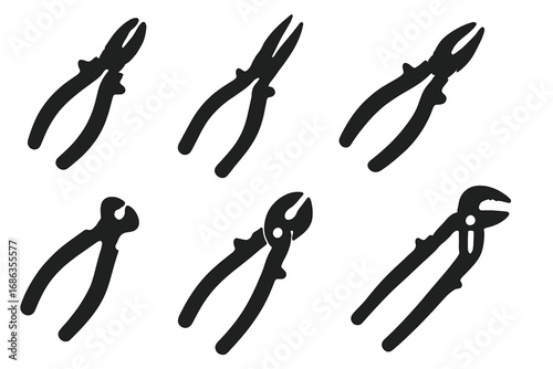 Pliers silhouette icon set. Six isolated vector hand tools for repair, workshop, DIY. Lineman, needle-nose, cutting, slip-joint plier graphics. Mechanic, construction equipment.