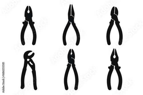 Set of six pliers silhouette vector icons. Various types of hand tools for repair, construction, or workshop projects. Black isolated graphic elements. Handyman equipment.
