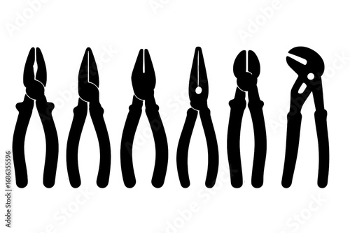 Set of six pliers silhouette icons for tool design. Vector illustration of different hand tools like pincers, nippers, and forceps. Workshop equipment for repair and construction.