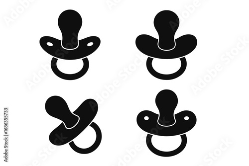 Baby pacifier silhouette icon set. Black dummy soother collection. Newborn child care symbol. Toddler childhood object. Simple flat vector illustration for graphic design.