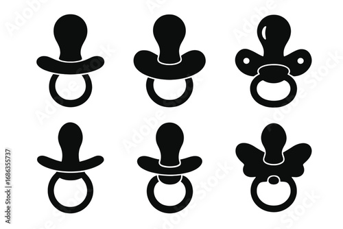 Set of black silhouette baby pacifiers. Vector illustration icons of various soothers and dummies for newborns and infants. Childcare and parenting concept design elements.