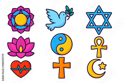 World religions symbols icon set. Faith and spirituality concept. Multicultural icons. Vector collection of Christian cross, Jewish star, Islamic crescent, yin yang, ankh, lotus.