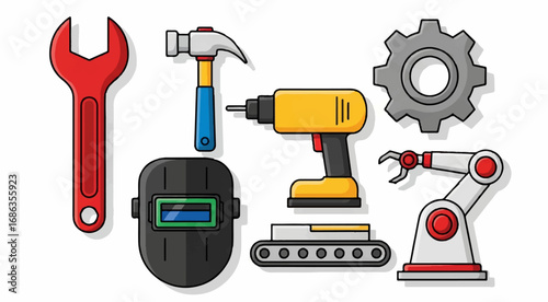 Construction tools, equipment and industry icons on white background