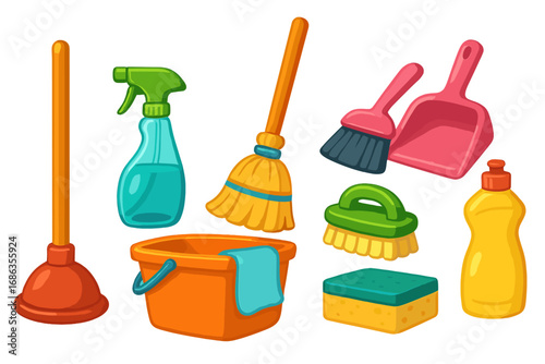 Vector cartoon cleaning supplies set. Household cleaning tools for chores and maintenance. Broom, spray bottle, bucket, sponge, brush, plunger, dustpan icons for cleaning service.